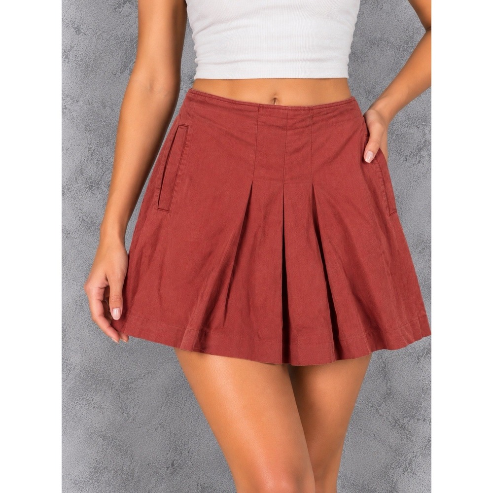 APC Pleated Mini Skirt Womens 38 Red Cotton A Line French Designer Preppy